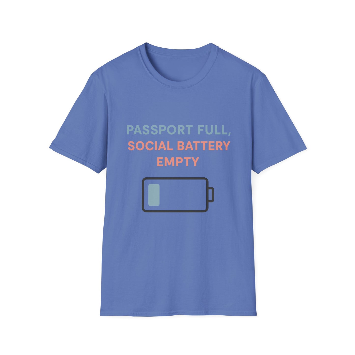 Travel Themed T-Shirt - Passport Full, Social Battery Empty - Funny Gift for Travelers, Adventure Apparel, Travel Humor Tee, Vacation Shirt