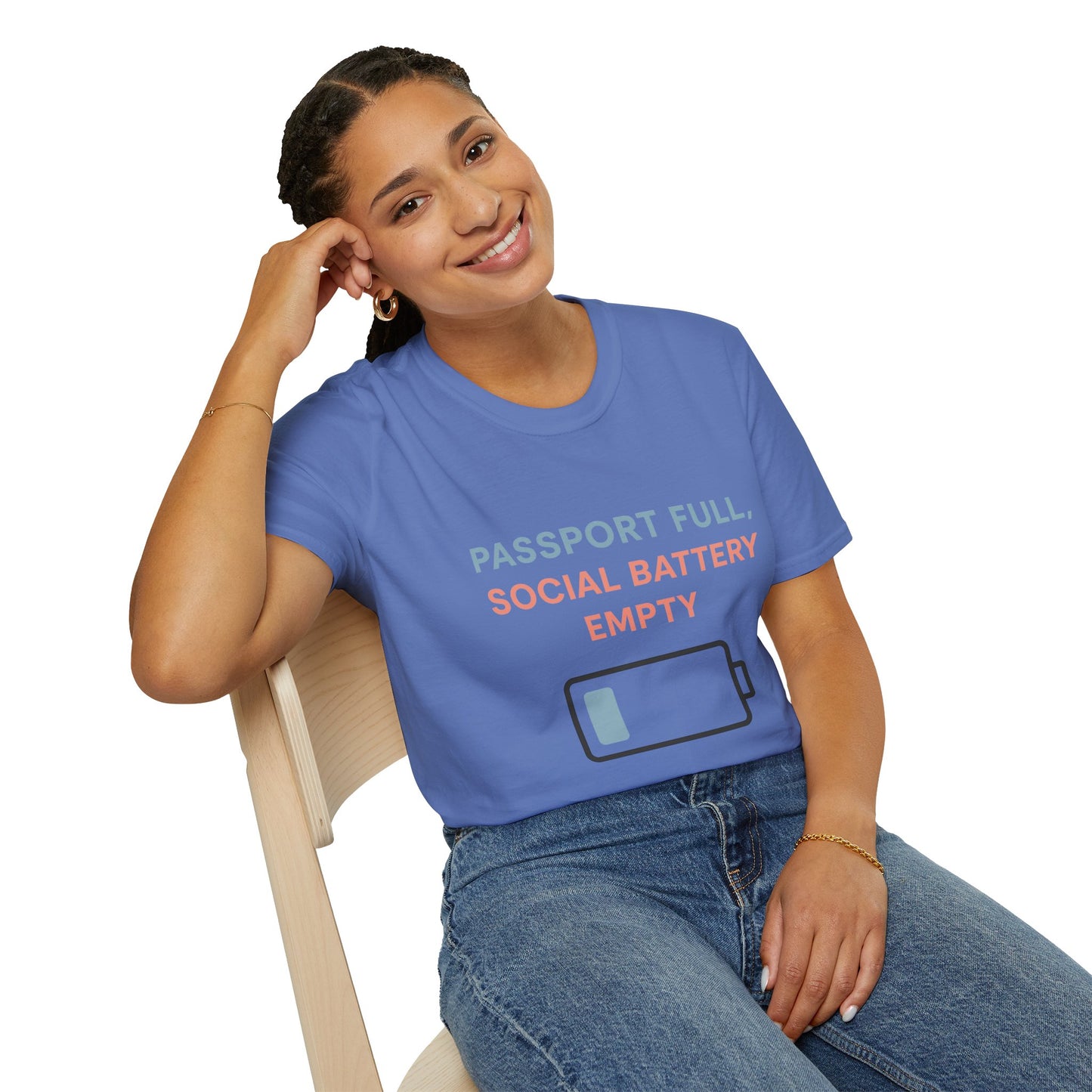 Travel Themed T-Shirt - Passport Full, Social Battery Empty - Funny Gift for Travelers, Adventure Apparel, Travel Humor Tee, Vacation Shirt