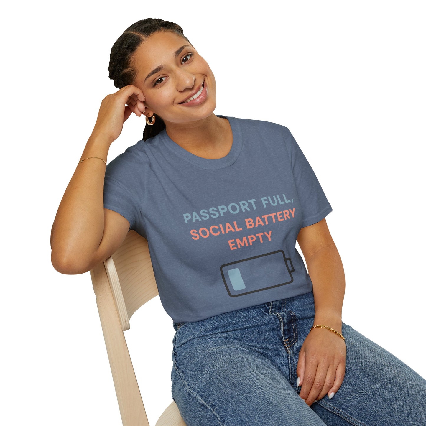 Travel Themed T-Shirt - Passport Full, Social Battery Empty - Funny Gift for Travelers, Adventure Apparel, Travel Humor Tee, Vacation Shirt