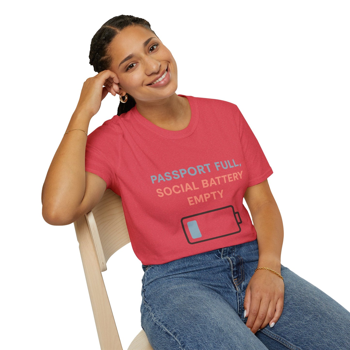 Travel Themed T-Shirt - Passport Full, Social Battery Empty - Funny Gift for Travelers, Adventure Apparel, Travel Humor Tee, Vacation Shirt
