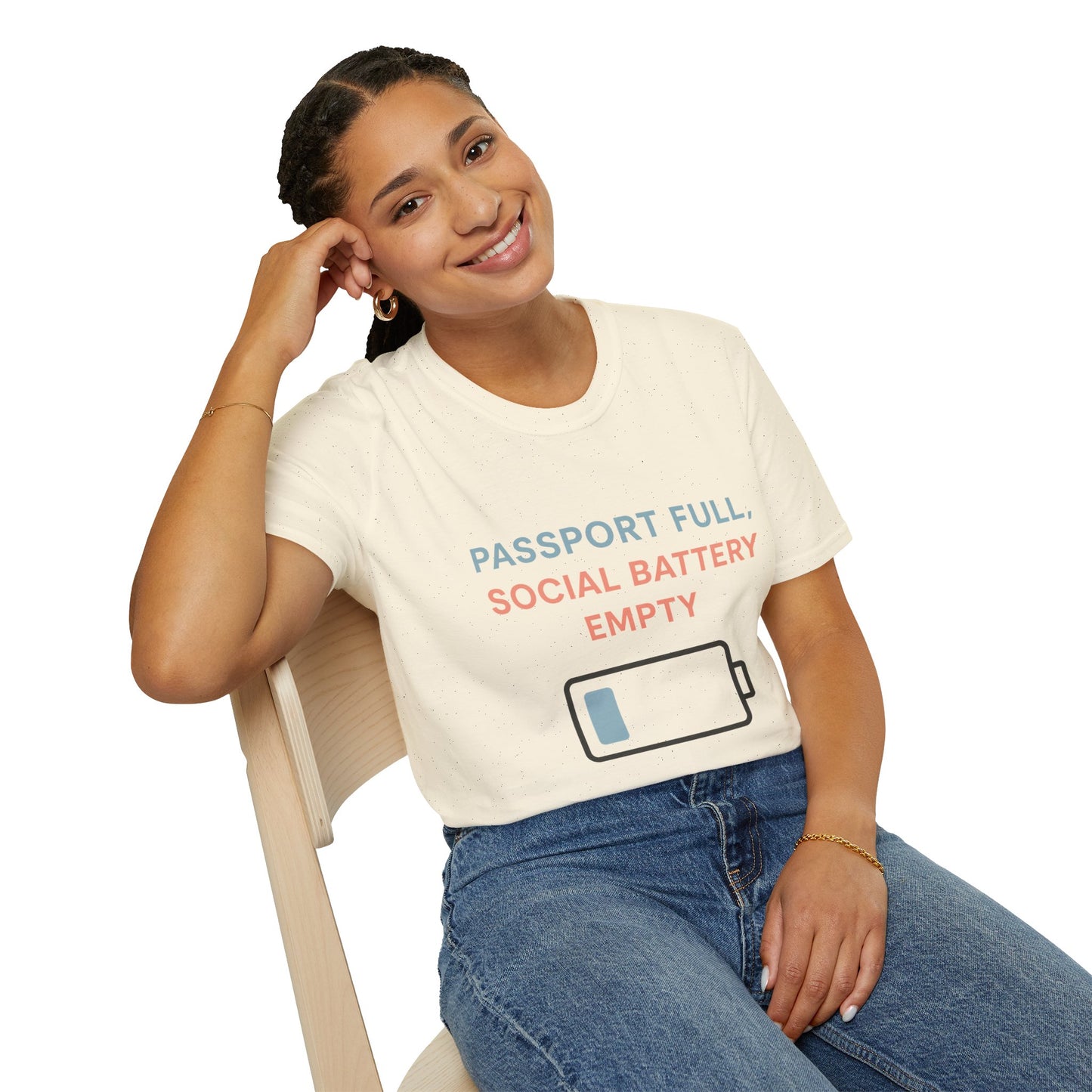 Travel Themed T-Shirt - Passport Full, Social Battery Empty - Funny Gift for Travelers, Adventure Apparel, Travel Humor Tee, Vacation Shirt
