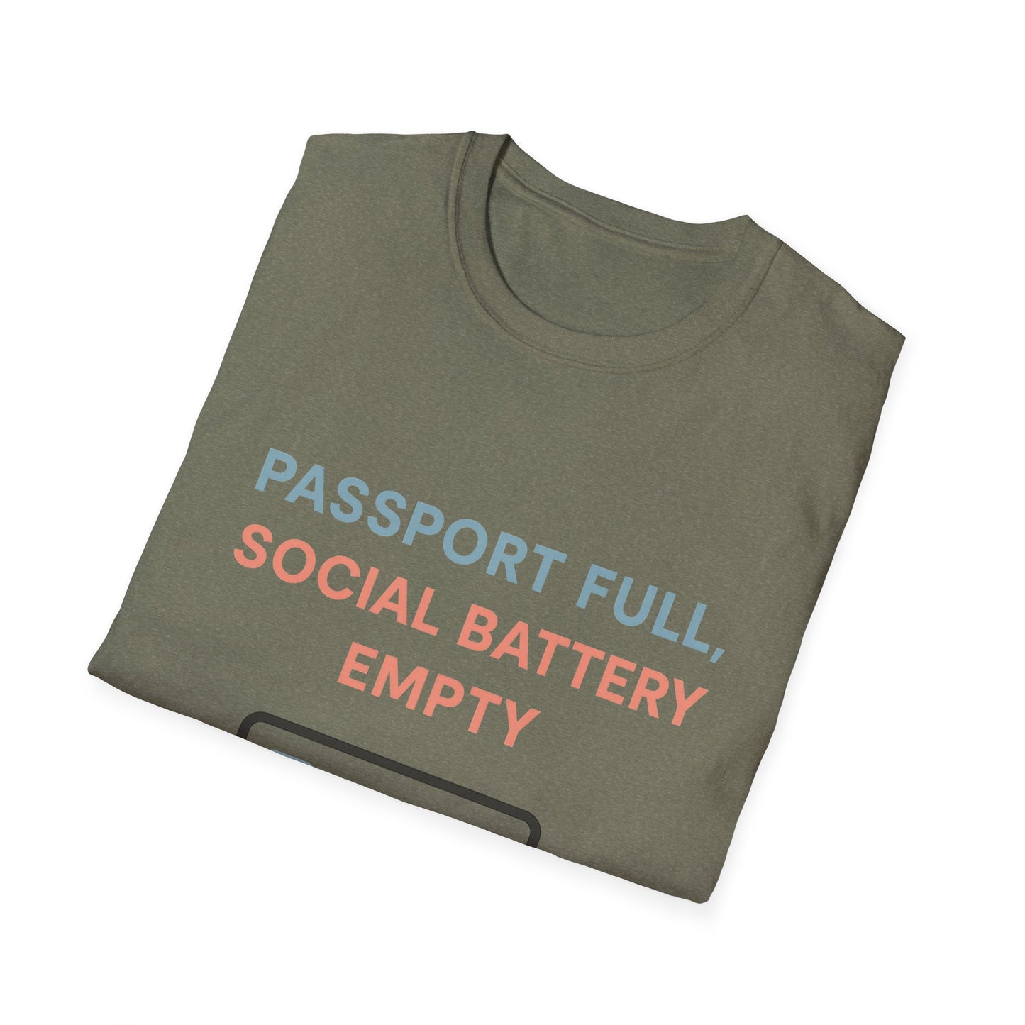 Travel Themed T-Shirt - Passport Full, Social Battery Empty - Funny Gift for Travelers, Adventure Apparel, Travel Humor Tee, Vacation Shirt
