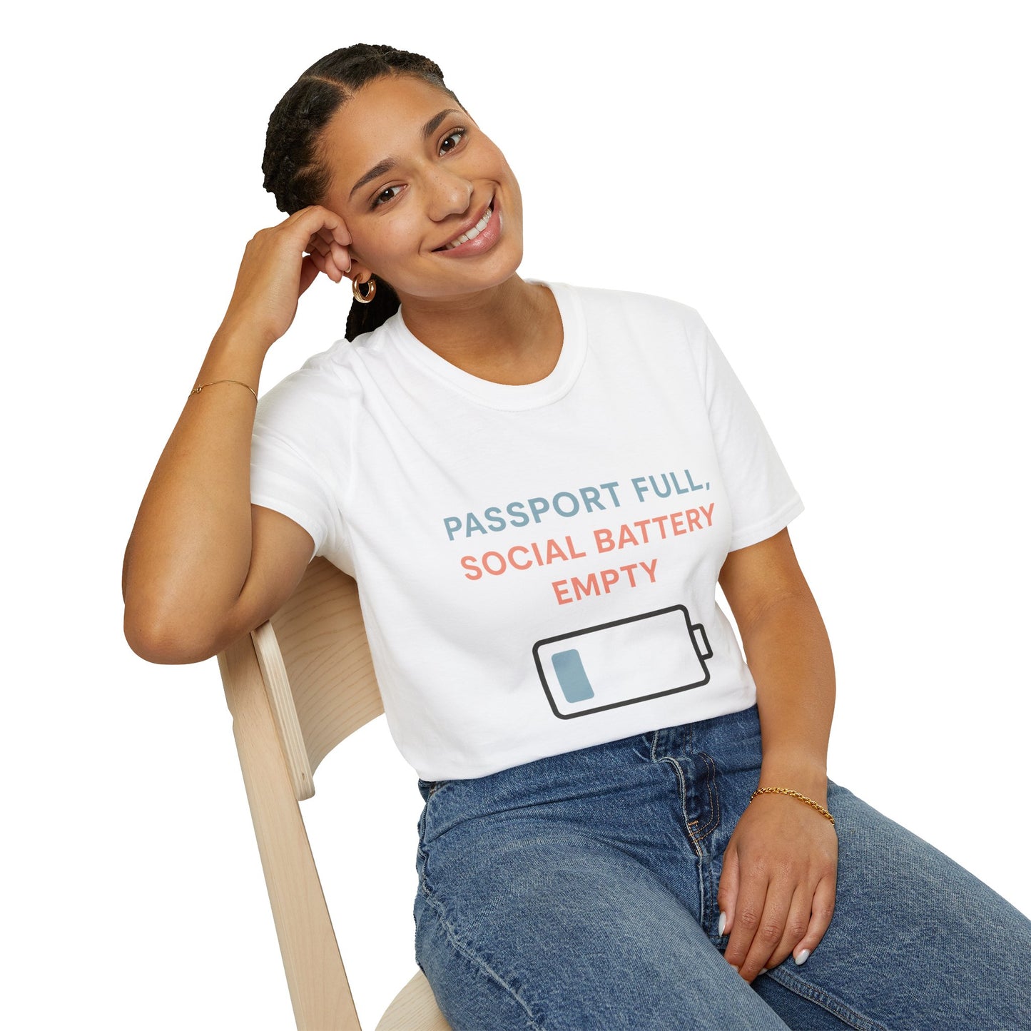 Travel Themed T-Shirt - Passport Full, Social Battery Empty - Funny Gift for Travelers, Adventure Apparel, Travel Humor Tee, Vacation Shirt