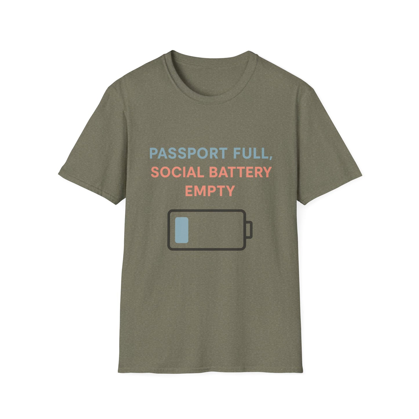 Travel Themed T-Shirt - Passport Full, Social Battery Empty - Funny Gift for Travelers, Adventure Apparel, Travel Humor Tee, Vacation Shirt