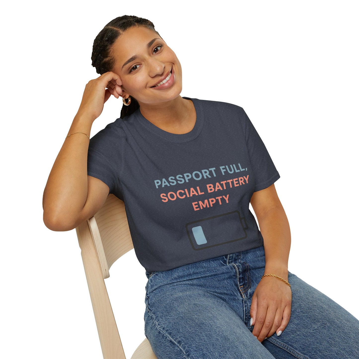 Travel Themed T-Shirt - Passport Full, Social Battery Empty - Funny Gift for Travelers, Adventure Apparel, Travel Humor Tee, Vacation Shirt