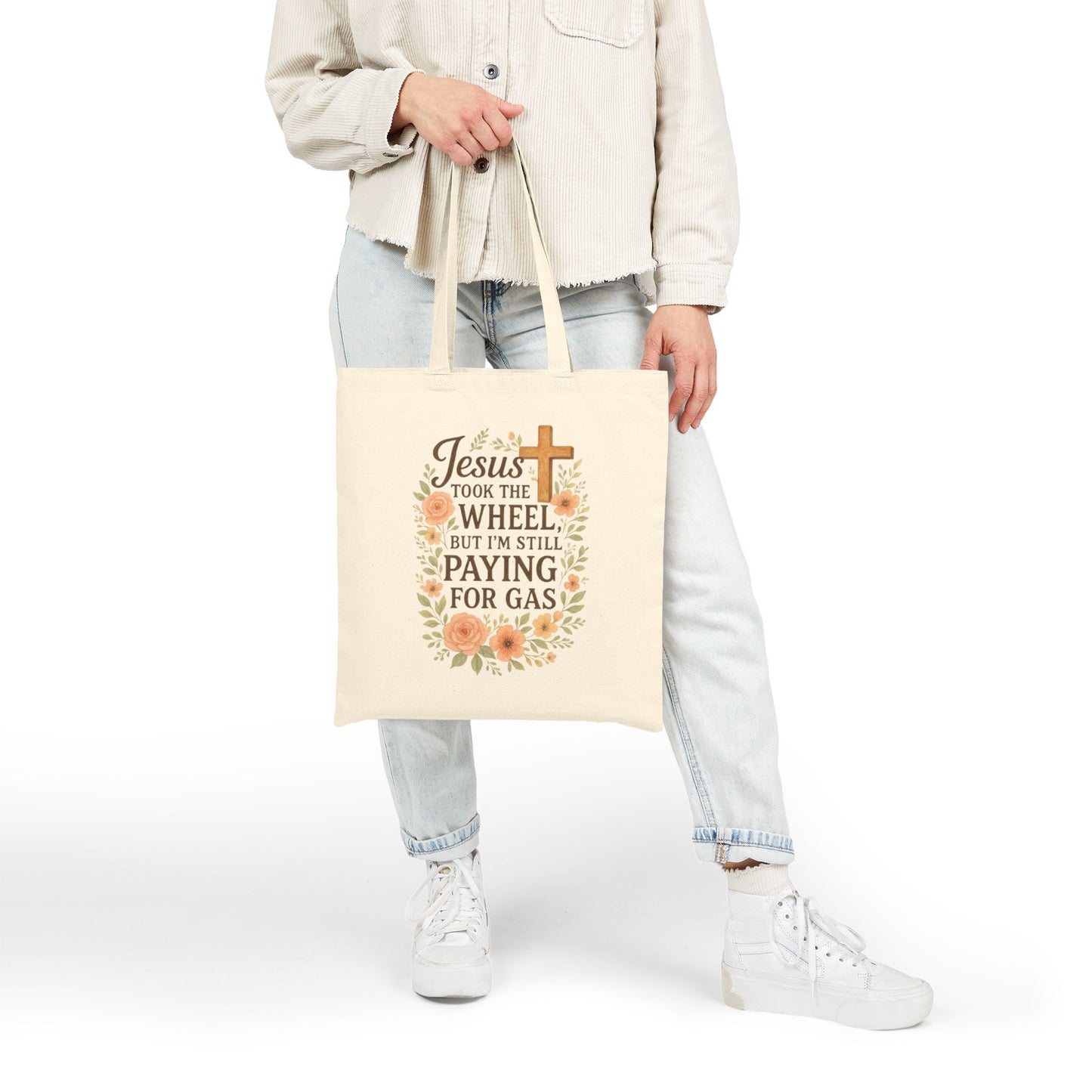 Jesus Took the Wheel Tote Bag, Cute Christian Gift, Floral Quote Bag, Everyday Canvas Shopper, Faith-Based Tote, Religious Carryall