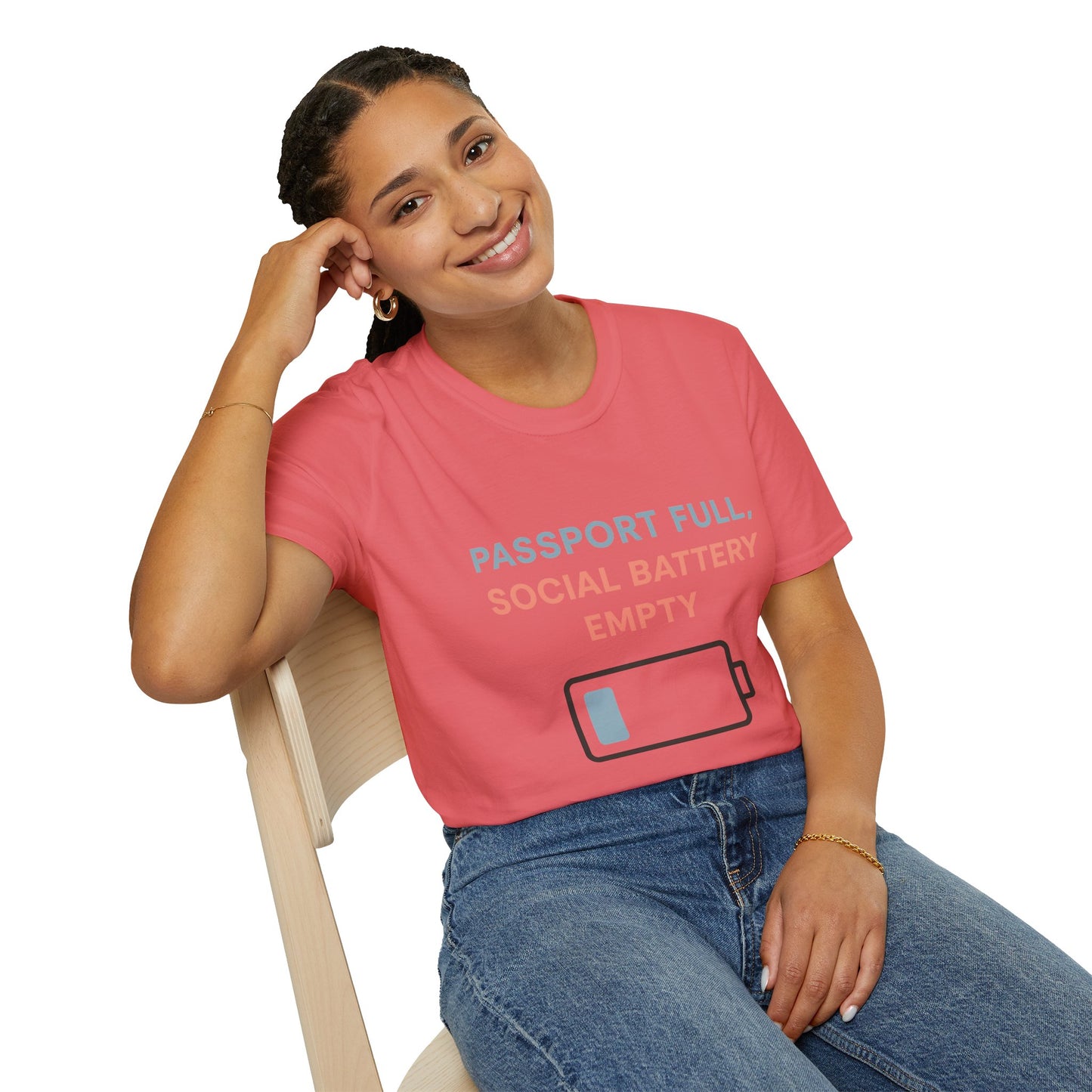 Travel Themed T-Shirt - Passport Full, Social Battery Empty - Funny Gift for Travelers, Adventure Apparel, Travel Humor Tee, Vacation Shirt
