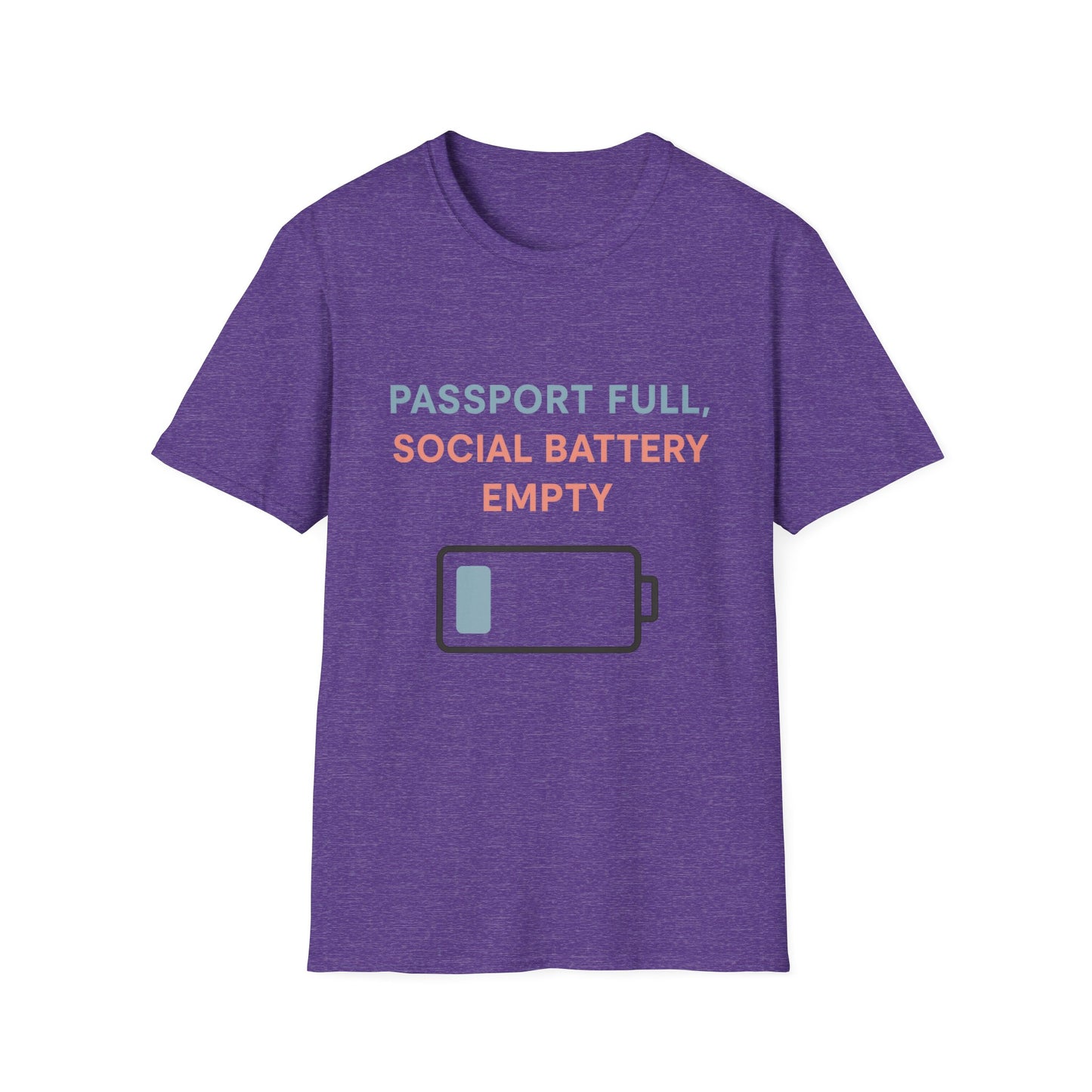 Travel Themed T-Shirt - Passport Full, Social Battery Empty - Funny Gift for Travelers, Adventure Apparel, Travel Humor Tee, Vacation Shirt