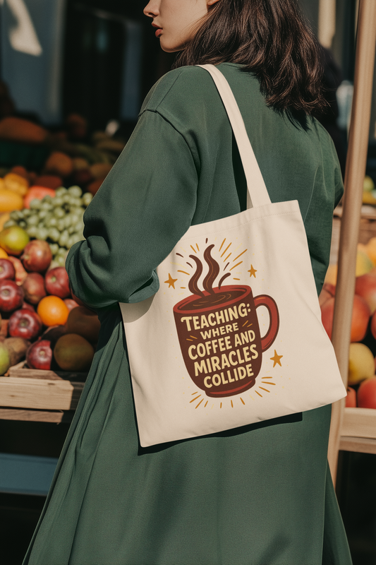 Teaching Tote Bag - Where Coffee and Miracles Collide, Teacher Gift, Eco-Friendly Bag, Back to School, Everyday Use, Canvas Bag