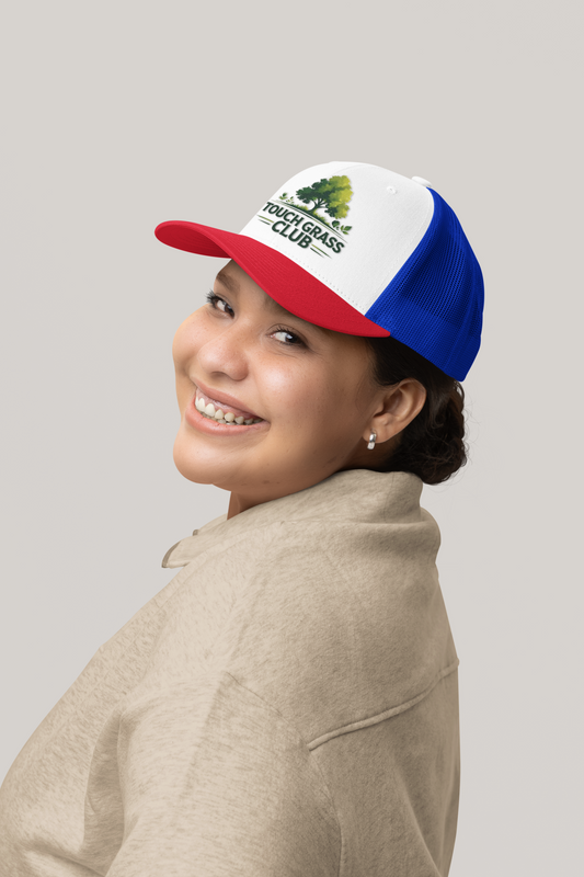Trucker Cap - Touch Grass Club Cap, Outdoor Adventure Vibes Mesh Back Snapback Hat