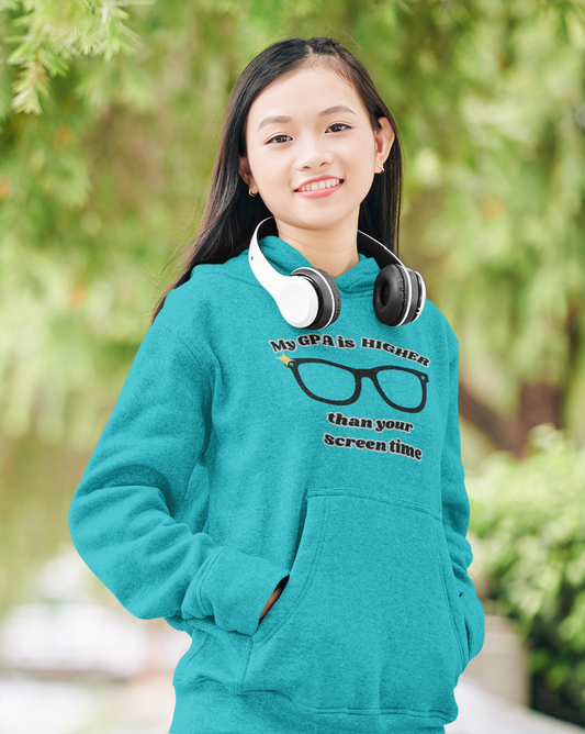 Humorous Student Hoodie: My GPA is HIGHER than Your Screen Time, Funny Gift for College Students, Back to School, Study Motivation Apparel