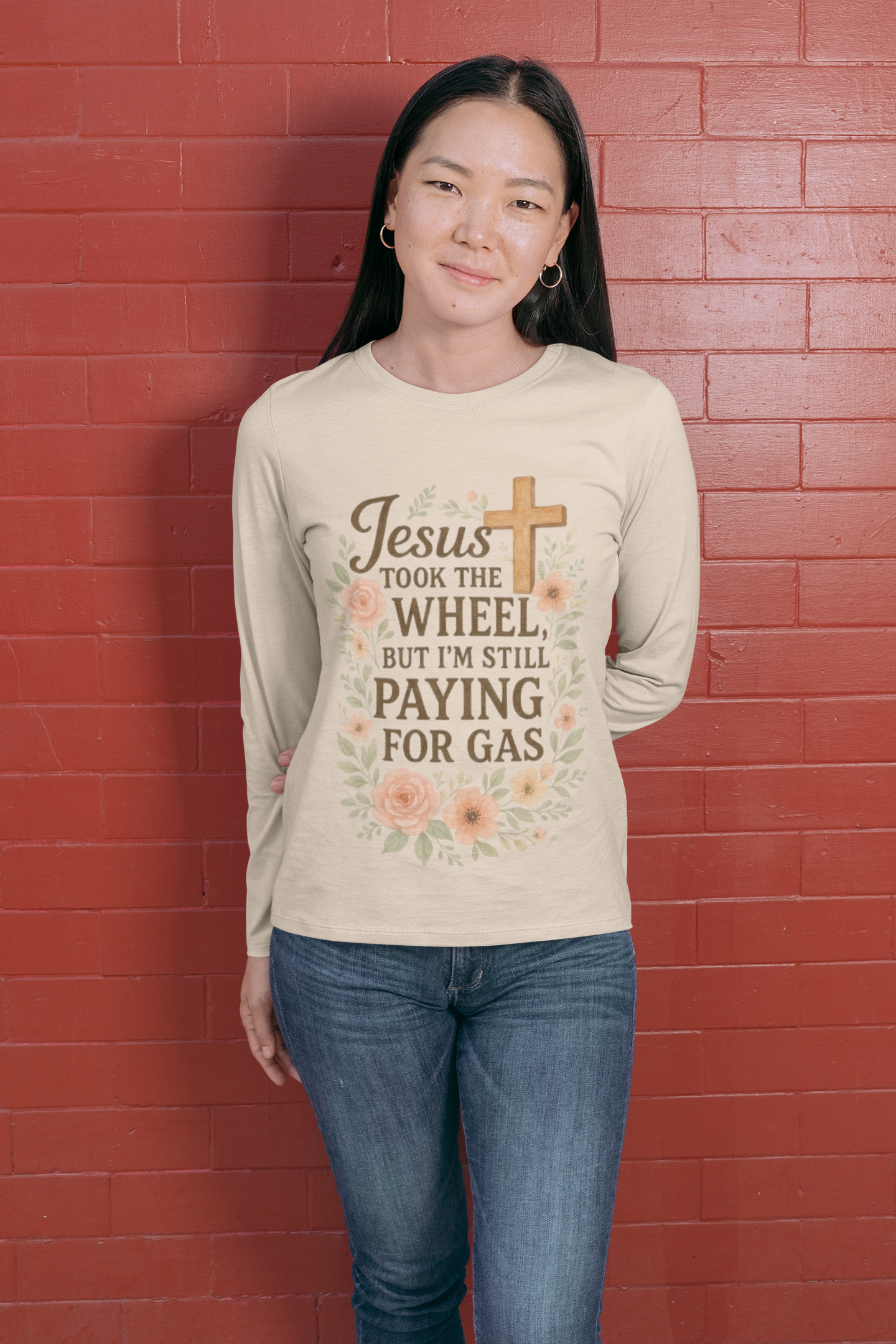 Faith-Inspired Long Sleeve Tee: Jesus Took the Wheel, Casual Wear, Gift for Believers, Religious Apparel, Cozy Everyday Top