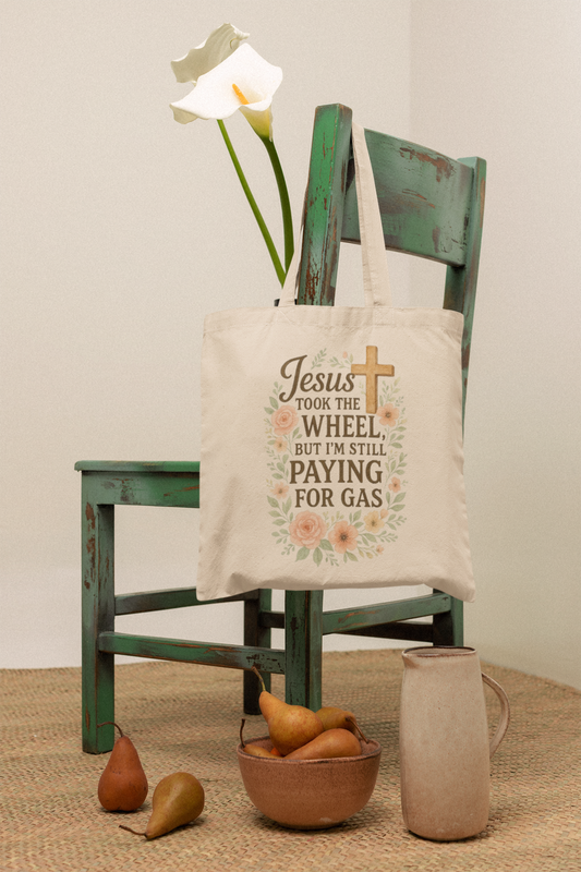 Jesus Took the Wheel Tote Bag, Cute Christian Gift, Floral Quote Bag, Everyday Canvas Shopper, Faith-Based Tote, Religious Carryall