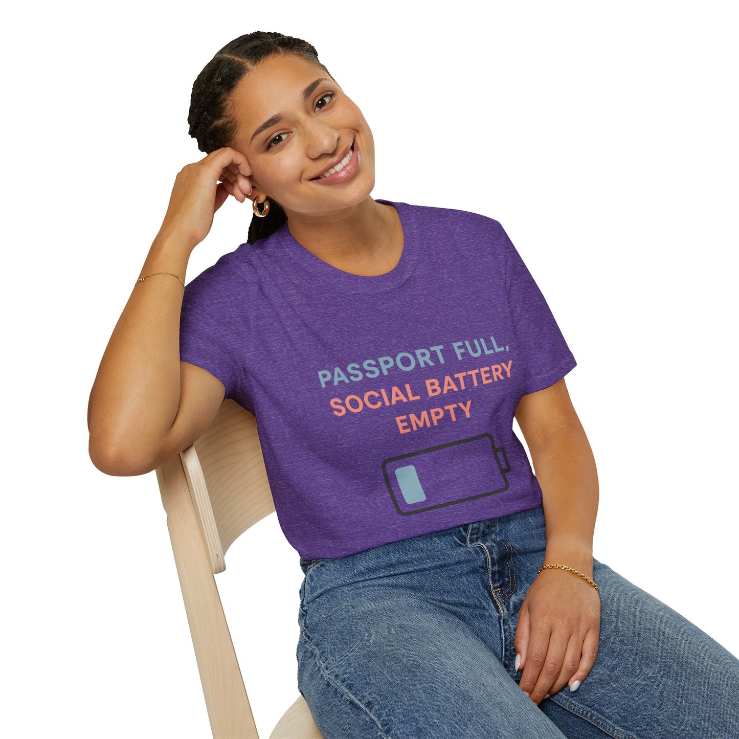 Travel Themed T-Shirt - Passport Full, Social Battery Empty - Funny Gift for Travelers, Adventure Apparel, Travel Humor Tee, Vacation Shirt