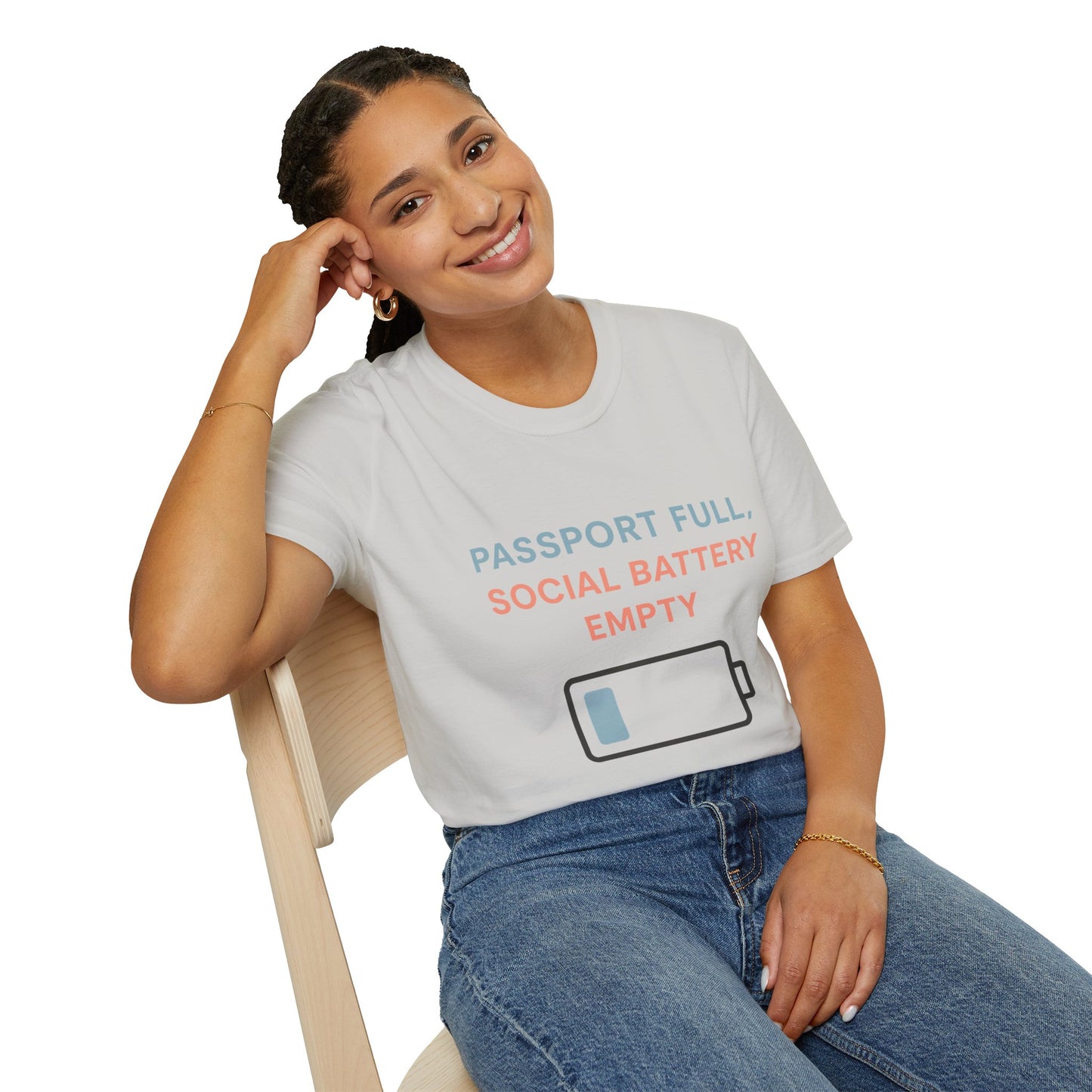 Travel Themed T-Shirt - Passport Full, Social Battery Empty - Funny Gift for Travelers, Adventure Apparel, Travel Humor Tee, Vacation Shirt