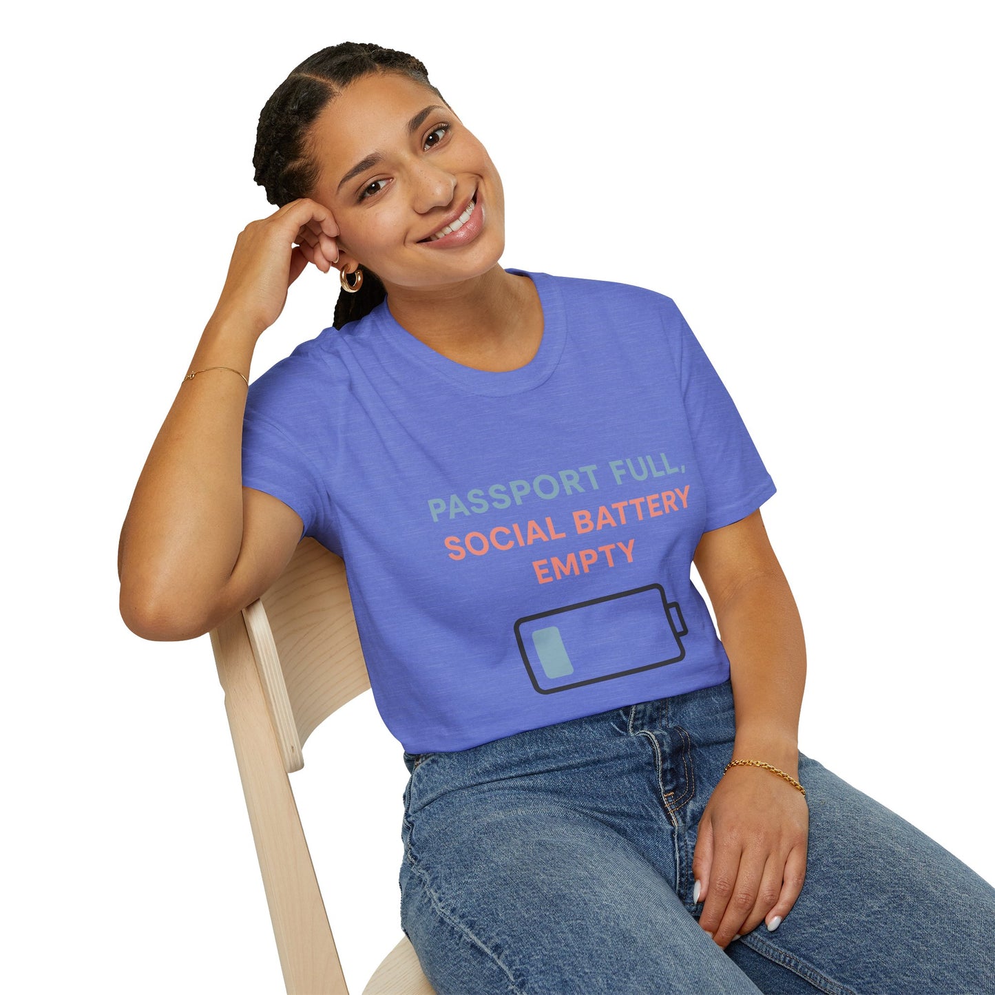 Travel Themed T-Shirt - Passport Full, Social Battery Empty - Funny Gift for Travelers, Adventure Apparel, Travel Humor Tee, Vacation Shirt