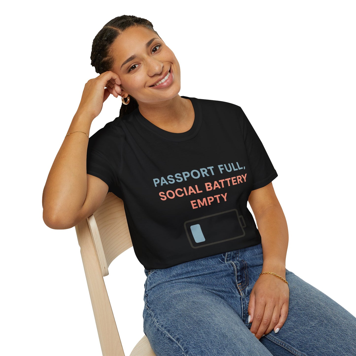Travel Themed T-Shirt - Passport Full, Social Battery Empty - Funny Gift for Travelers, Adventure Apparel, Travel Humor Tee, Vacation Shirt